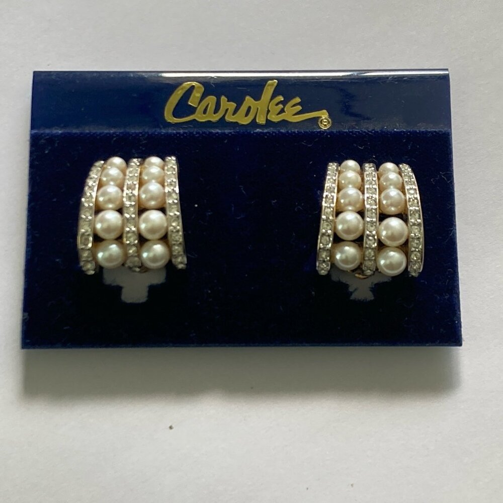 VTG Carolee Earrings Rhinestone Clip Statement Wedding Simulated Diamond Pearls - Picture 1 of 12